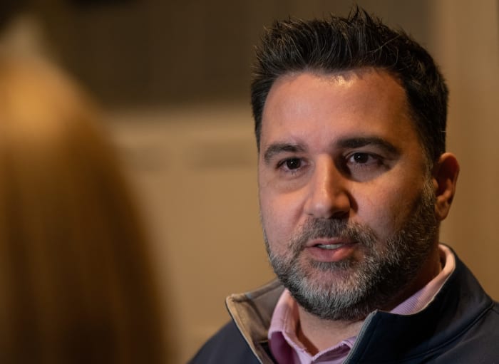 Atlanta Braves general manager Alex Anthopoulos fields questions during the Major League Baseball Winter Meetings at Gaylord Opryland in Nashville, Tenn., Tuesday, Dec. 5, 2023.